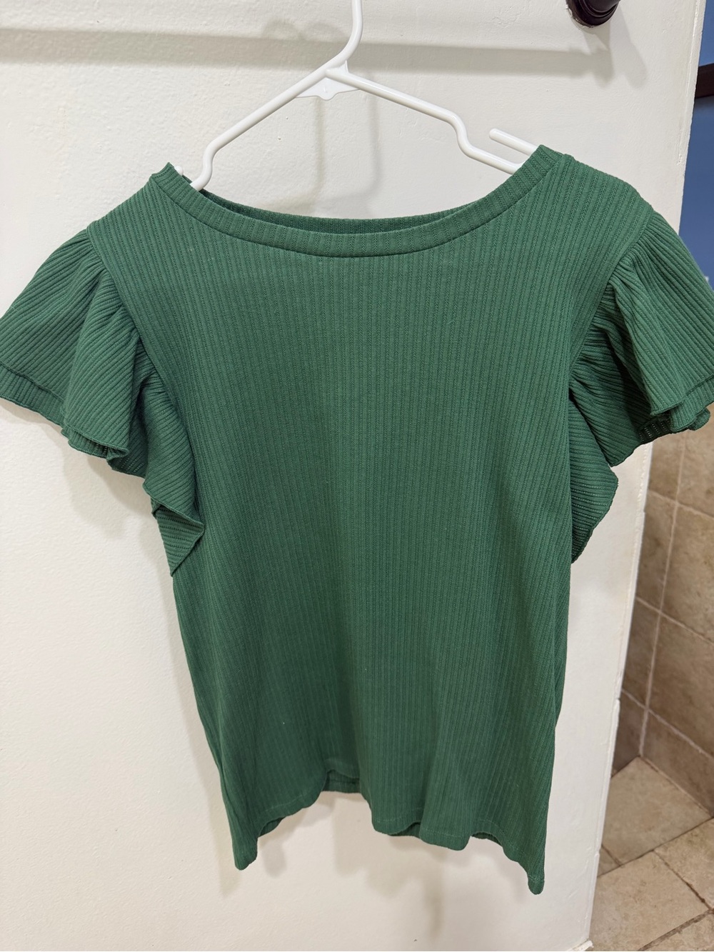 LOFT Dark Green Ribbed Tee with Ruffle Sleeves